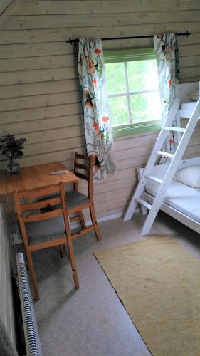 a room with a desk and a table and a bunk bed at Lilla mysstuga i havsnära in Varberg
