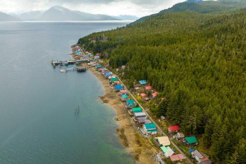 an aerial view of a dock in a body of water at Remote Island Escape with Breathtaking Views in Tenakee Springs