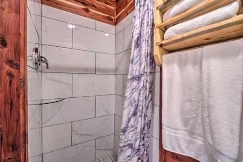 a bathroom with a shower with a shower curtain at Updated Studio Cabin in Ozark with Yard and Mtn View in Ozark