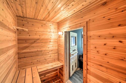 a wooden room with a sauna at Spacious Getaway with Heated Private Pool! in Michigan City