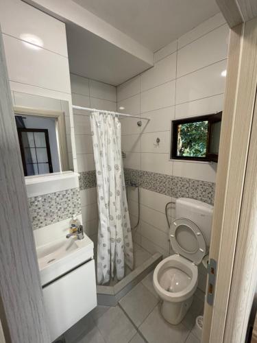 a white bathroom with a toilet and a sink at Apartments Dionis in Kotor