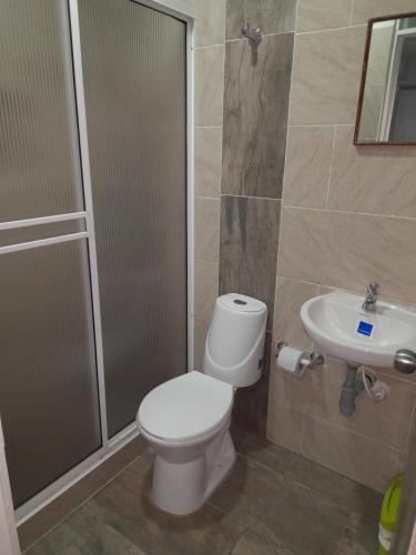 y baño con aseo, ducha y lavamanos. en APARTAMENTO FAMILIAR MARAL 2, en Salento