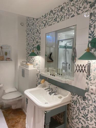 a bathroom with a sink and a toilet and a mirror at MAISON HULOTTE in Amboise