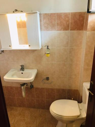 a bathroom with a toilet and a sink at KARAOYLI apartments studios in Kokkino Nero