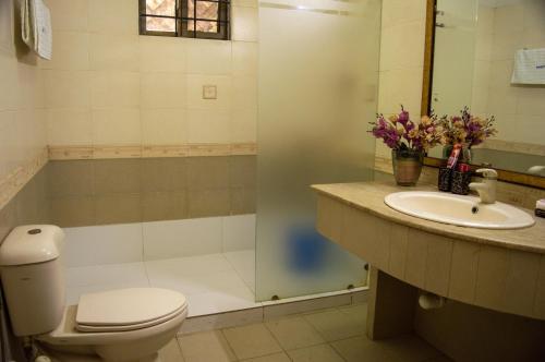 a bathroom with a toilet and a sink and a shower at Hotel BlueSky Clifton in Karachi