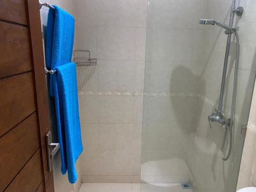 a shower with a blue shower curtain in a bathroom at Villa Tenang Legian in Legian