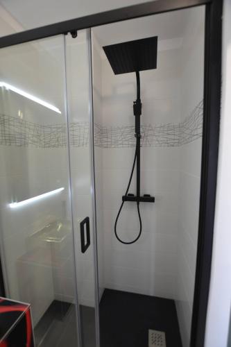 une douche en verre avec une lampe sur le mur dans l'établissement Studio Naturiste 