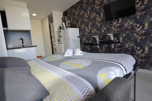une chambre avec un lit et une télévision sur un mur dans l'établissement Studio Naturiste 