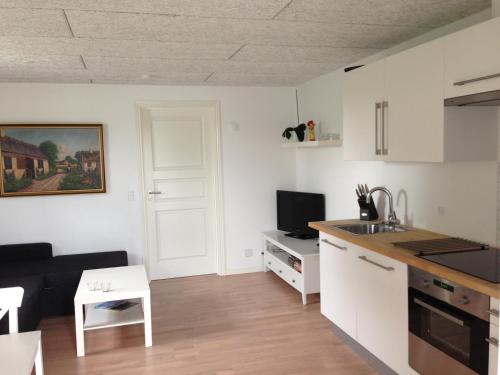 a kitchen and living room with a couch and a table at Kærskovgård ferielejligheder in Faxe