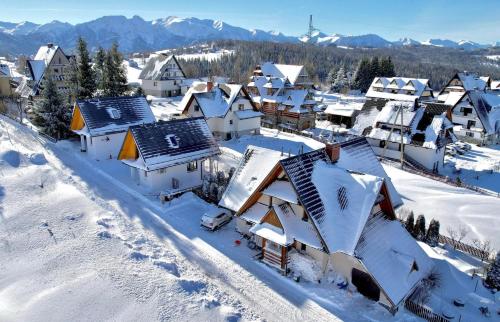 an aerial view of a village covered in snow at Domki 1010 m in Ząb