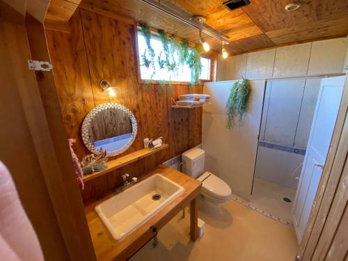 uma casa de banho com um lavatório, um WC e um espelho. em FamC em Nakafurano