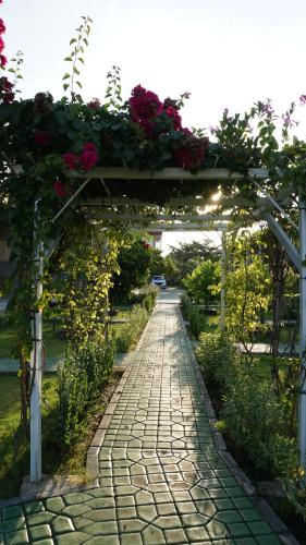 a garden with a pergola with flowers on it at Seamount Hotel Amed in Amed