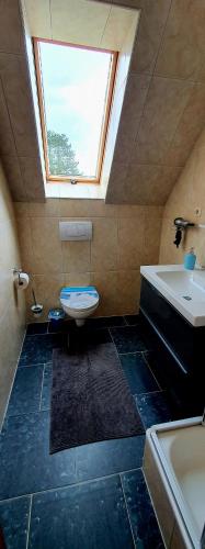 a bathroom with a toilet and a sink and a window at Caroline & Maurice in Koserow