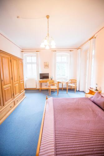 a living room with a couch and a table at Bilz-Pension in Radebeul