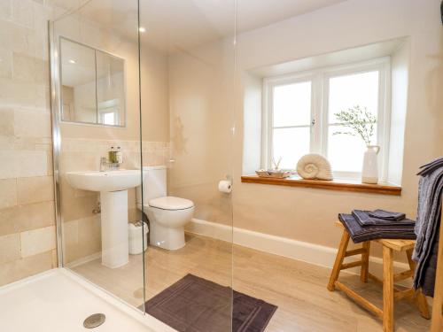 a bathroom with a shower and a toilet and a sink at 4 Lower Folley in Chipping Campden
