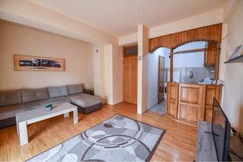 sala de estar con sofá y mesa en Ohrid Strict Center Apartment en Ohrid