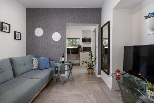 a living room with a couch and a table and a television at RIKI'S APARTMENT-ZAGREB in Zagreb