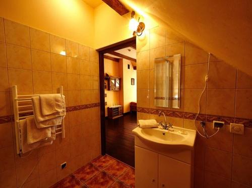 a bathroom with a sink and a mirror at Stylowy Zajazd Pod Czarnym Kogutem in Czarna