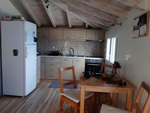 a kitchen with a table and a white refrigerator at kedros in Elafonisos