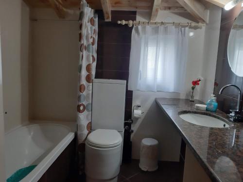 W łazience znajduje się toaleta, wanna i umywalka. w obiekcie kedros w Elafónisos