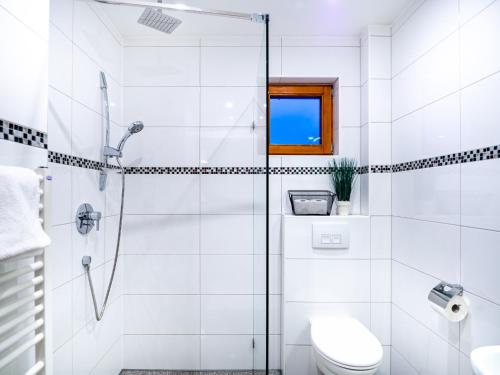 a white bathroom with a shower and a toilet at Domki Na Babińcu in Zakopane