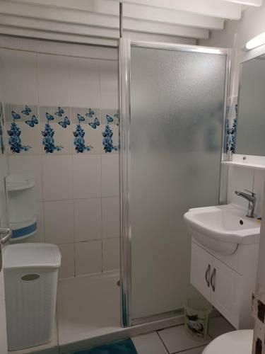een badkamer met een douche, een toilet en een wastafel bij Résidence MARINA 3 in Les Trois-Îlets
