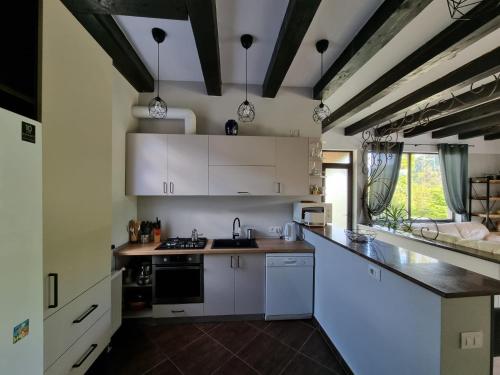 La cuisine est équipée de placards blancs et d'un four avec plaques de cuisson. dans l'établissement Casa Yla, à Piatra Neamţ