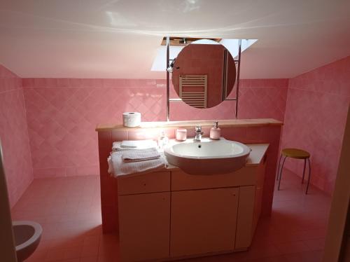 Baño rosa con lavabo y espejo en Tra mare e bosco nella splendida Quercianella en Quercianella