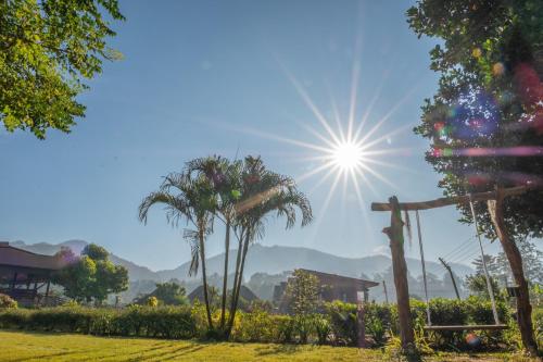 a sun shining in the sky with palm trees at The Nest House in Pai
