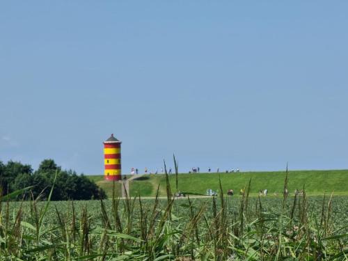 a lighthouse in the middle of a field with grass at Ferienhaus Steuerbord im Bootshaus in Neßmersiel