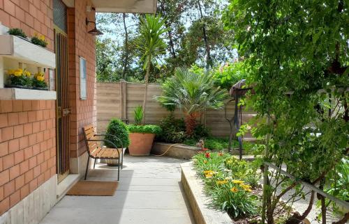 a patio with a chair and some plants at Hotel Cormorano in Pedaso
