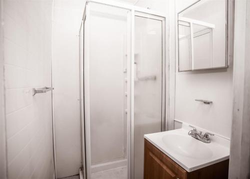 a white bathroom with a shower and a sink at HISTORIC HILL APARTMENTS (Duplex) in Tuskegee