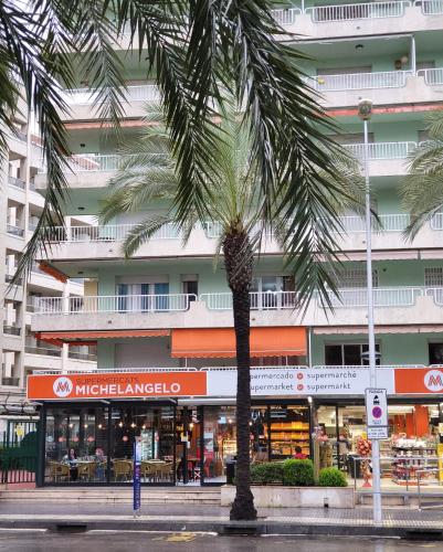 a palm tree in front of a building at SALOU FAMILY APARTMENT in Salou