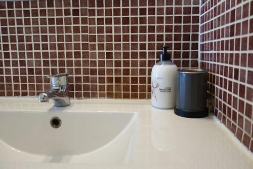 a bathroom counter with a sink and a soap dispenser at Olive Branch El Chorro in El Chorro