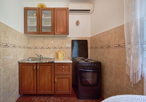 a small kitchen with a stove and a sink at Apartmani Kuća u maslinama in Sveti Stefan