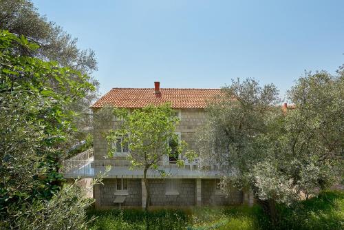 an old house with trees in front of it at Apartmani Kuća u maslinama in Sveti Stefan