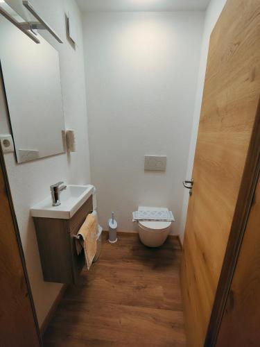 a small bathroom with a sink and a toilet at Schlossberg in San Leonardo in Passiria