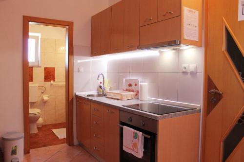 a small kitchen with a sink and a toilet at Apartmani Mladenka in Malinska