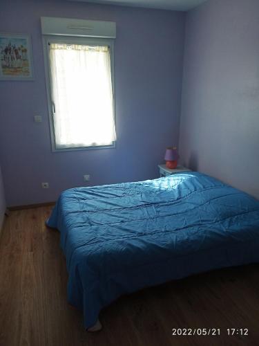 ein Schlafzimmer mit einem blauen Bett und einem Fenster in der Unterkunft Maison les Mathes in Les Mathes