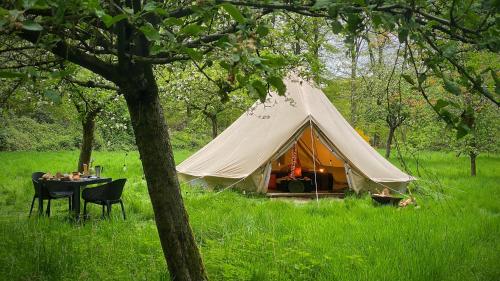 Tenda con tavolo e sedie in un campo di SENSI - 'FIRE' Restaurant and Glamping a Oostkamp