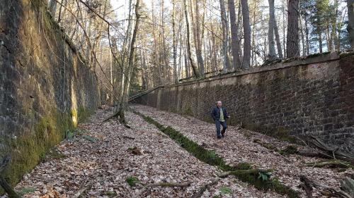 un hombre caminando por un camino junto a una pared de ladrillo en Chambre avec grand lit, en Soultz-sous-Forêts