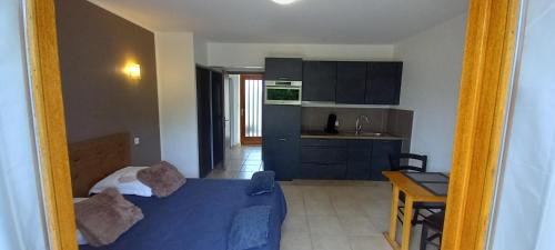 un salon avec un canapé bleu et une cuisine dans l'établissement Studio nature a la ferme, à La Canourgue