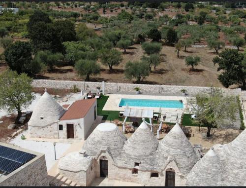 an aerial view of a house with a swimming pool at i Trulli del Fauno in Alberobello