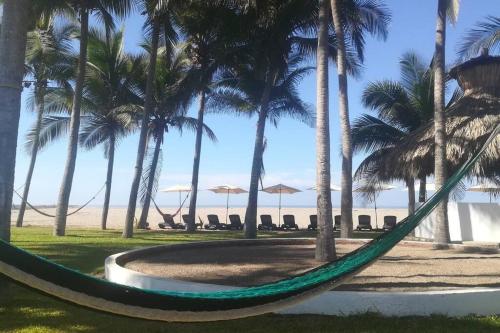 a hammock in front of a beach with palm trees at **Con Club de Playa y Alberca : Hasta 18 huéspedes** in Barra Vieja