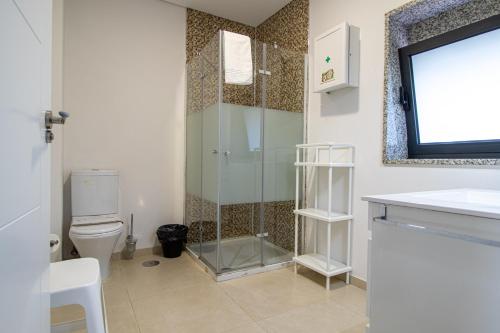 uma casa de banho com um chuveiro, um WC e um lavatório. em Alojamento de Crasto - Gerês no Gerês