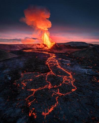 an aerial view of a volcano at sunset at Keflavik Luxury apartment - KLA in Keflavík