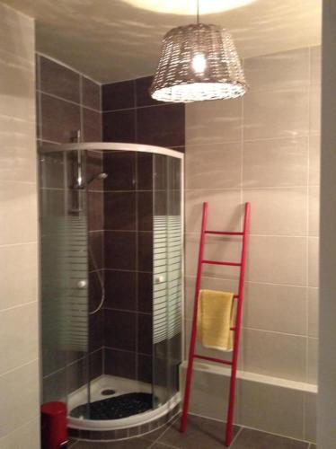 La salle de bains est pourvue d'une douche avec une porte en verre et une échelle. dans l'établissement Hidden Gem Au Cœur De Sète & Vue Sur Mont St Clair, à Sète