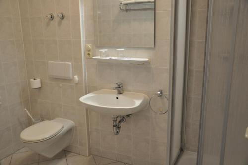 La salle de bains est pourvue de toilettes, d'un lavabo et d'une douche. dans l'établissement Hotel Elxleben, à Elxleben