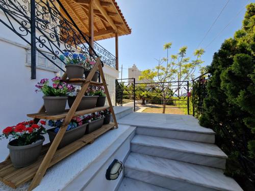 un conjunto de escaleras con flores en macetas en The Mirador Boutique Villa with Scenic Sea View, en Porto Rafti