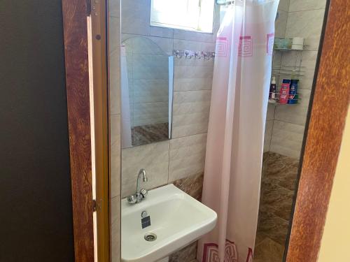 a bathroom with a sink and a shower curtain at Karine B&B in Yeghegnadzor